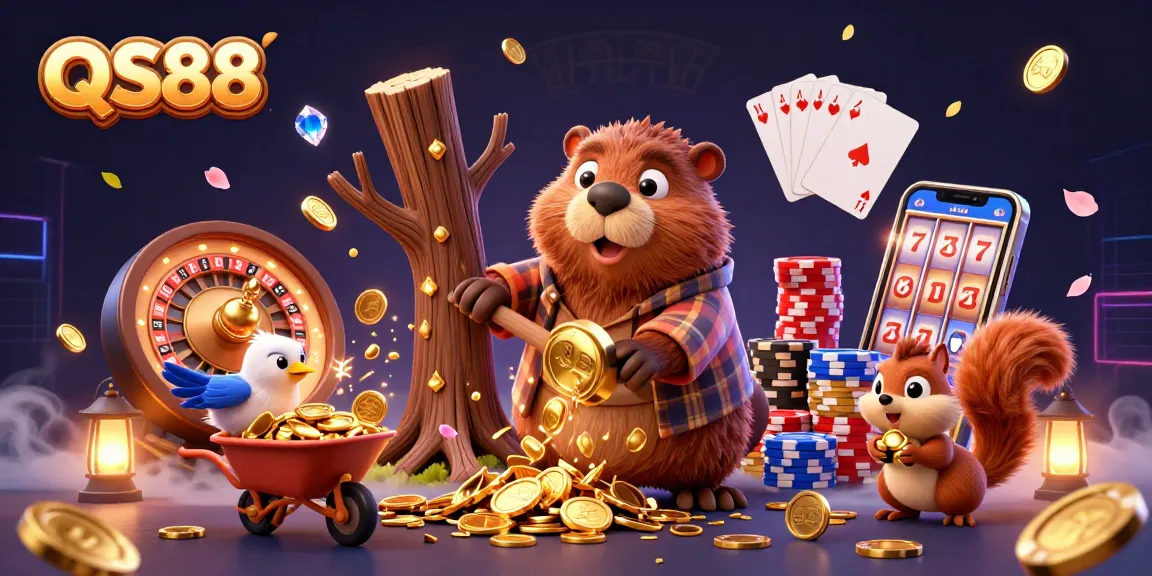 Experience the thrill of QS88 casino action with golden coins cascading and cartoon characters in vibrant gameplay.