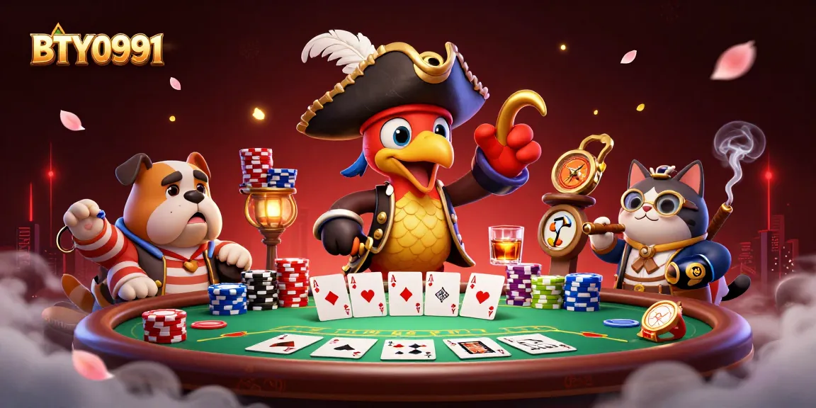 Engage in poker fun with BTY0991 featuring a pirate captain, bulldog, and cat amidst vibrant casino elements.