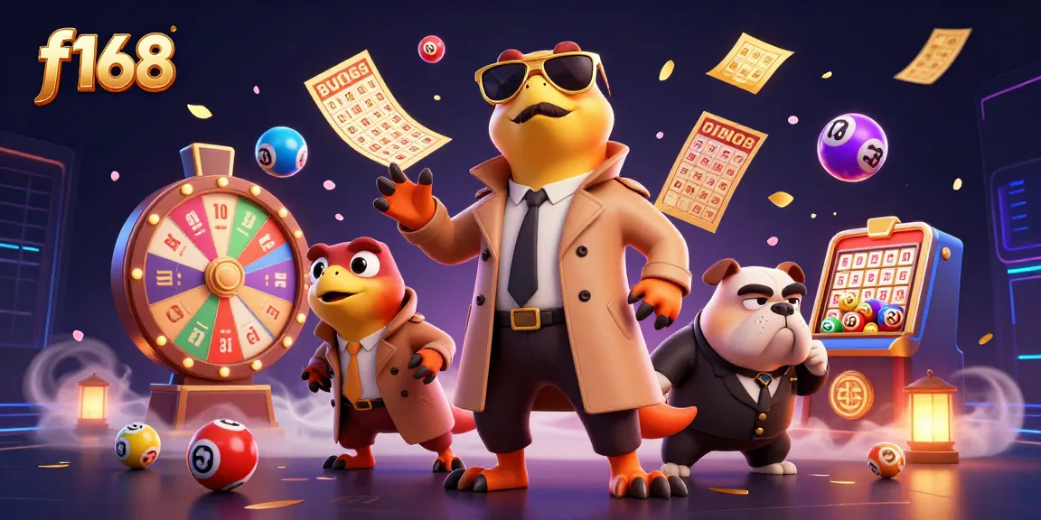 Experience f168's vibrant casino scene with raptors in disguise and colorful lottery elements.