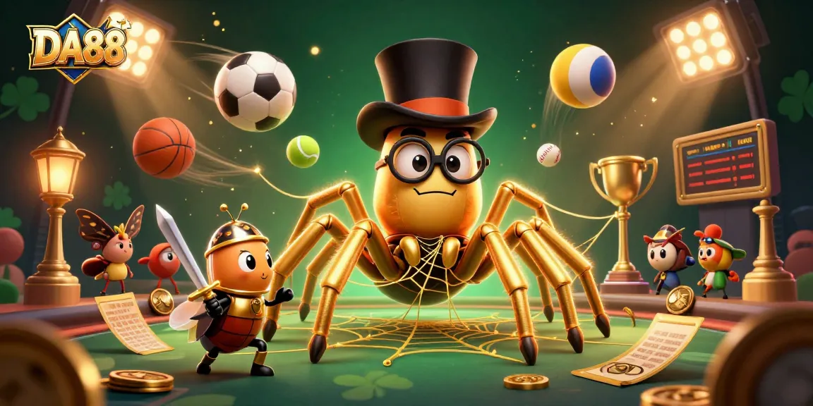 DA88 captures the excitement of sports betting with a golden tarantula and knight in a vibrant casino.