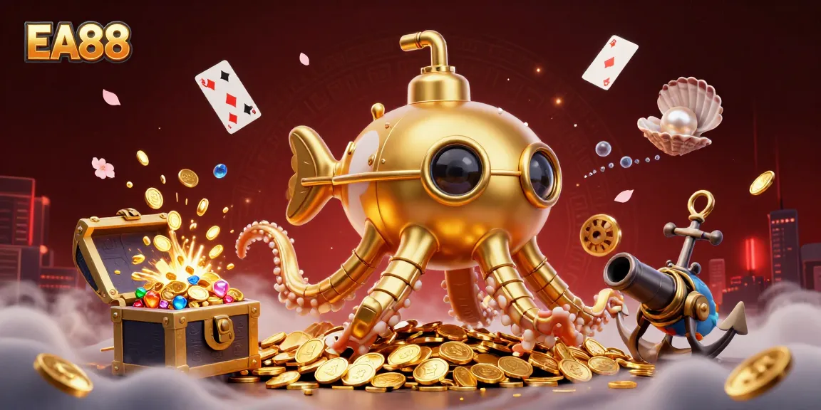 Experience rewards with EA88 in a vibrant 3D illustration of a kraken submarine amidst golden coins.