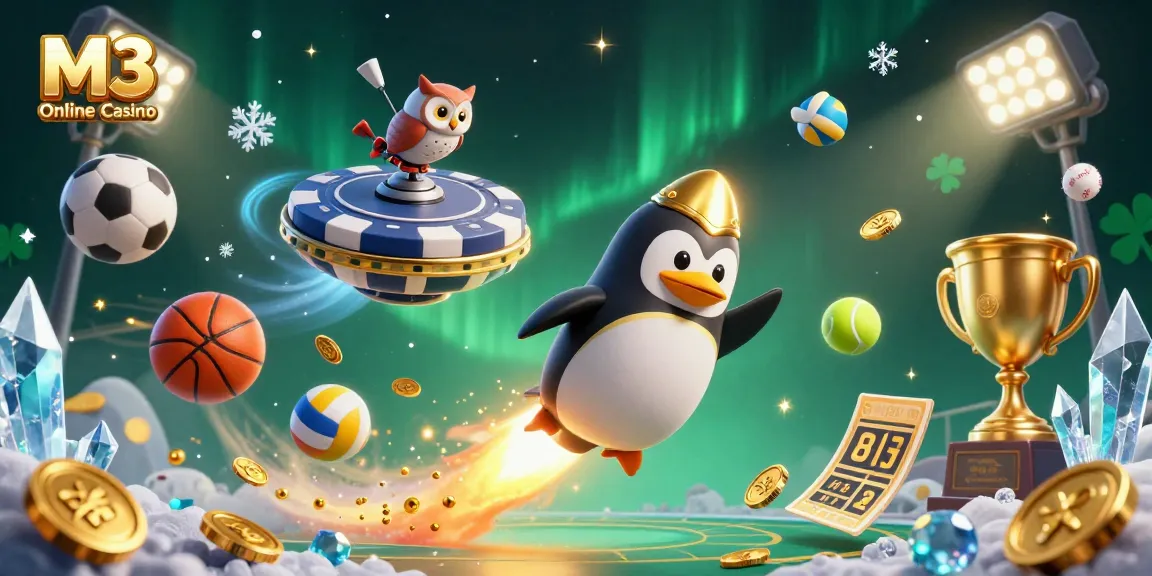 Experience M3 Online Casino excitement with a golden penguin racing towards a vibrant casino space station.