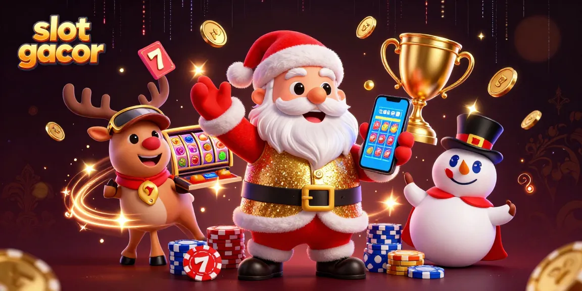 Slot gacor menunjukkan Santa Claus memegang smartphone jackpot di kasino yang cerah.