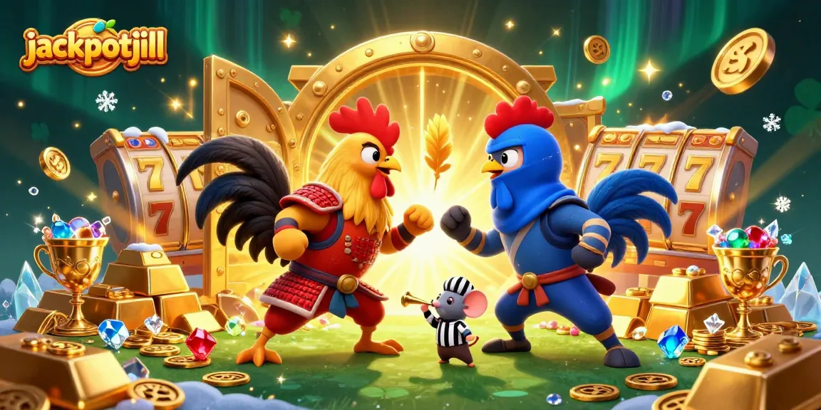 Engage with jackpotjill in an epic standoff of fighting roosters amidst golden treasure, slot reels, and dazzling gems.
