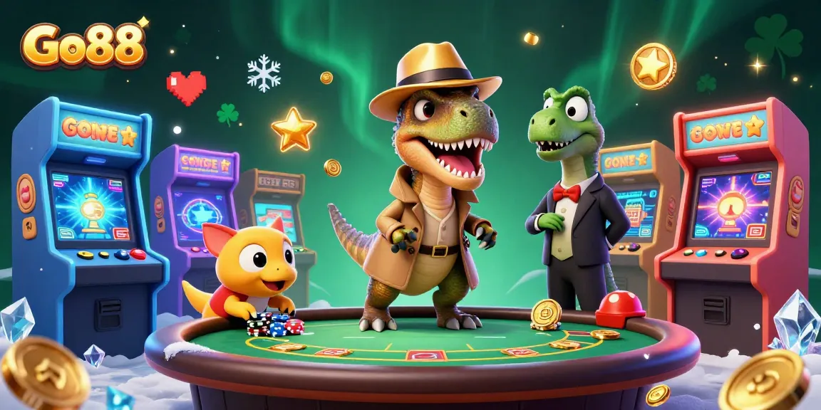 Go88 casino illustration with velociraptor and stegosaurus characters engaged in blackjack.