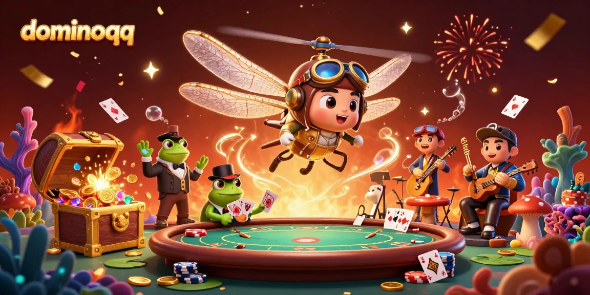 Engage with the thrilling world of dominoqq featuring a vibrant dragonfly pilot and a frog dealer.