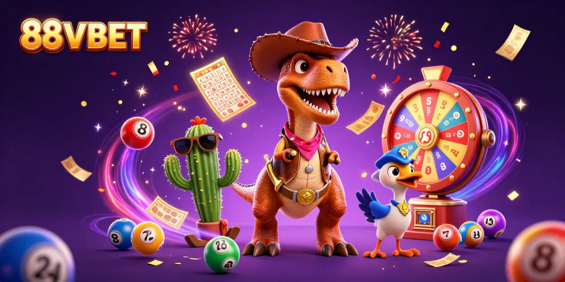 Play exciting games and win with 88VBET, featuring vibrant lottery elements and characters.