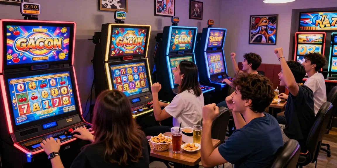 Pengalaman bermain slot gacor yang seru dengan pemain bersemangat dan mesin slot berwarna.
