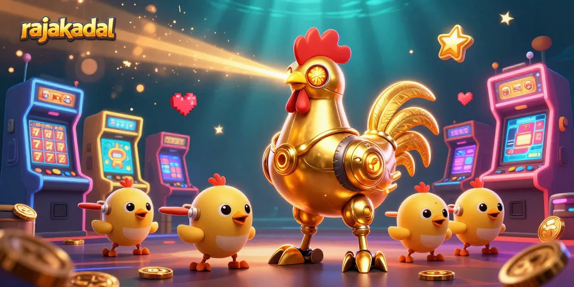 Memenangkan slot jackpot dengan rajakadal, karakter ayam robot emas futuristik dan drone paduan, dikelilingi mesin permainan 3D cerah.