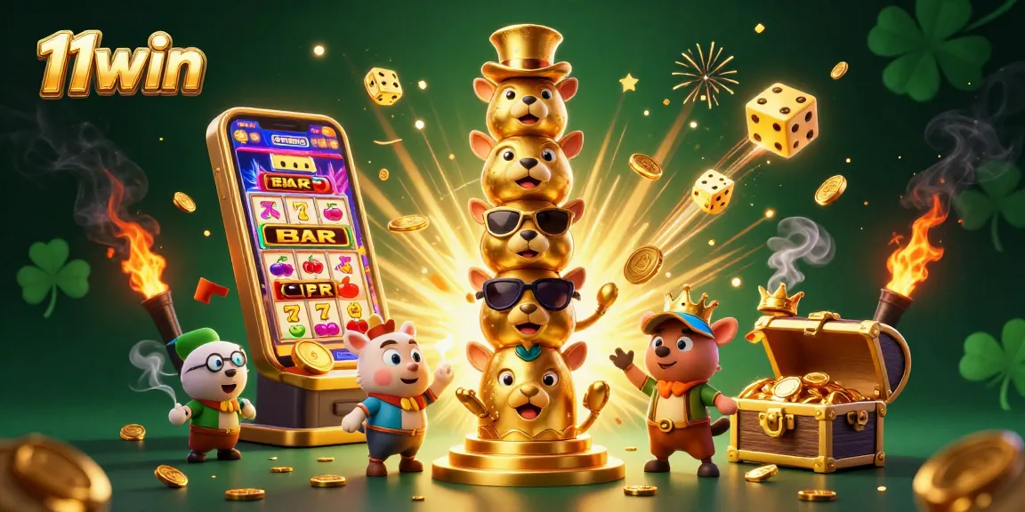Win big with 11win's vibrant casino scene showcasing a 3D golden totem pole and explosive jackpots.