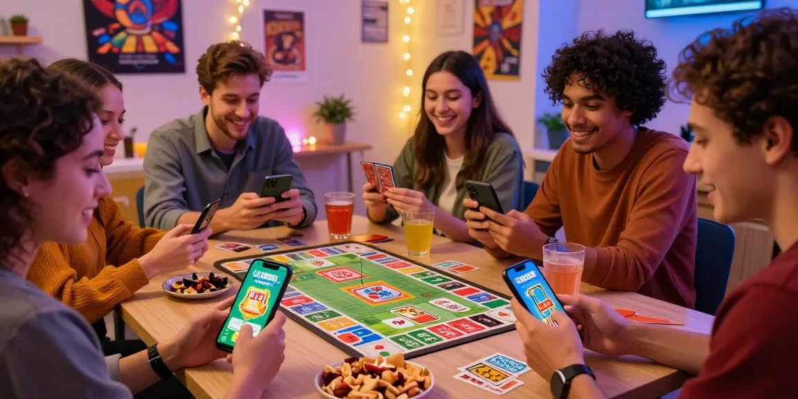 Download file for Card Rummy app featuring friends playing card games on smartphones in a cozy setting.