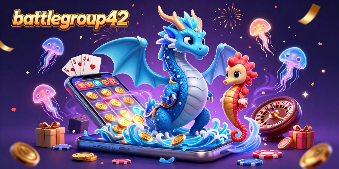 battlegroup42 showcases a vibrant 3D scene featuring an azure dragon, armored seahorse, and glowing jellyfish among casino-themed elements.