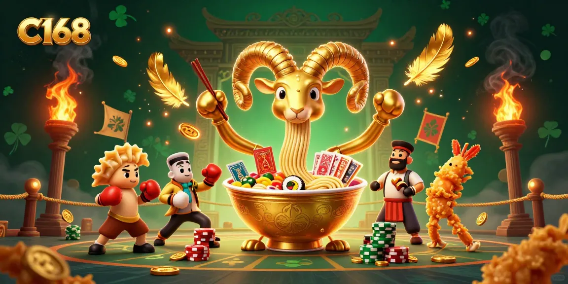 C168 showcases a vibrant 3D scene featuring a ramen bowl dealer stacking chips alongside a sushi roll and cheerleaders, surrounded by explosive energy.