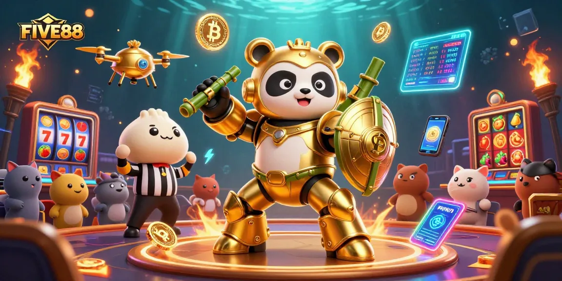 Experience the excitement of FIVE88 casino with vibrant, immersive 3D characters and crypto elements.