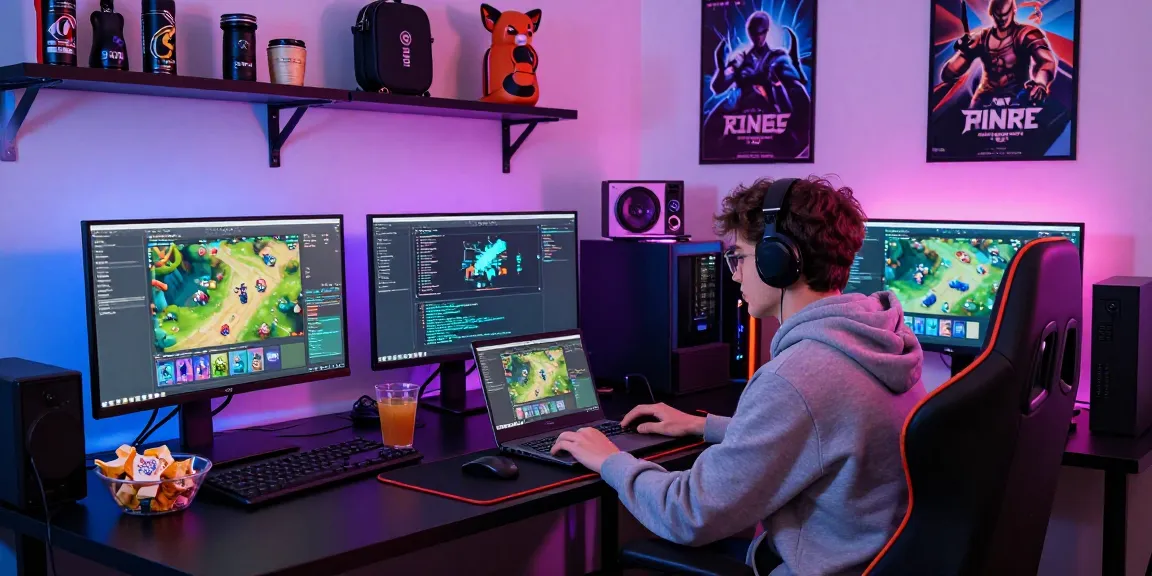 Ruangan pengembangan perangkat lunak terjun4d dengan pengembang memainkan game di laptop dan beberapa layar menampilkan kode game.