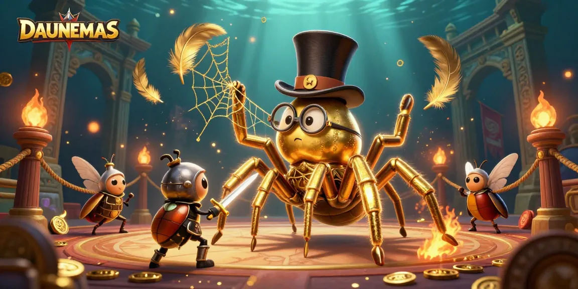 Engage with DAUNEMAS gaming excitement amid a vibrant 3D casino scene filled with unique characters.