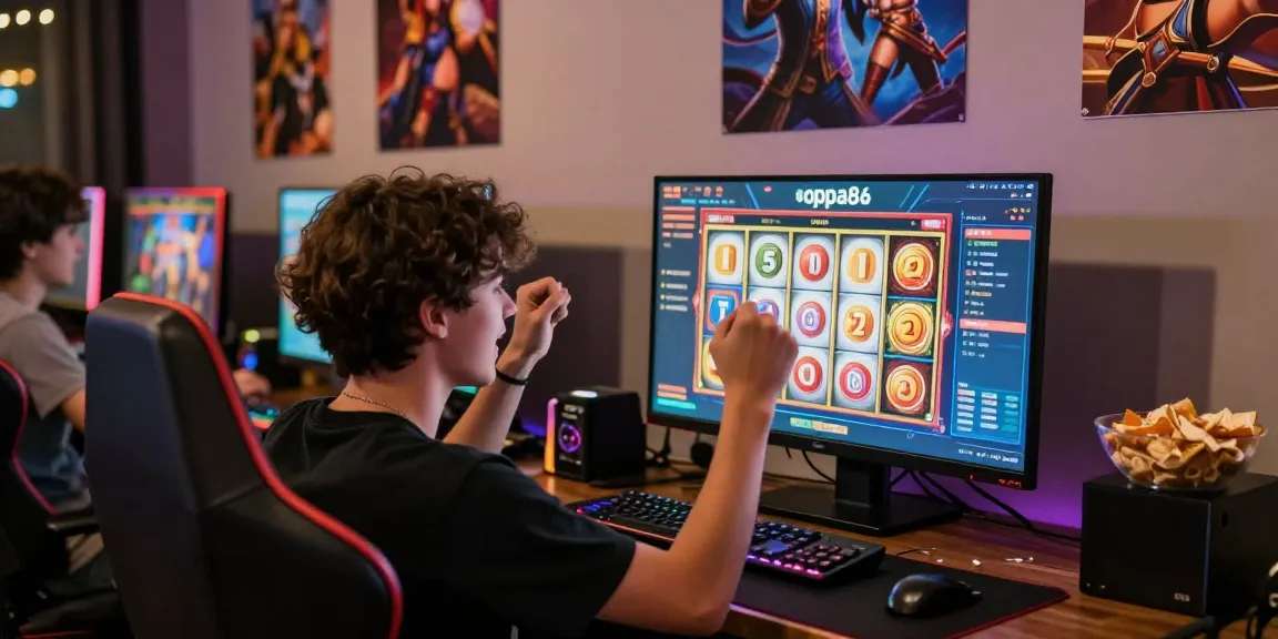 Excited gamer celebrating a win at oppa86 link online slots in vibrant gaming setup.