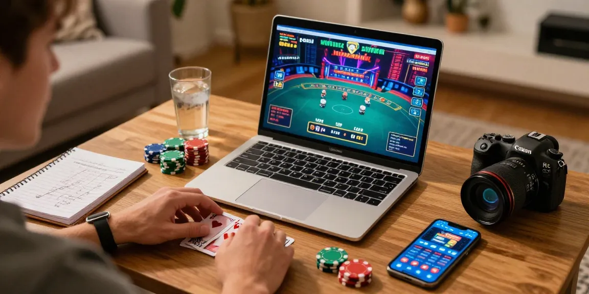 Engaging in online betting with grandbetting in a cozy home setup, featuring live casino gameplay and gaming accessories.