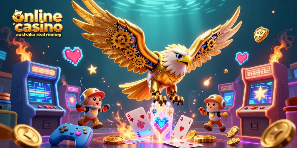 Experience the thrill of online casino australia real money with a cybernetic eagle in a vibrant game scene.