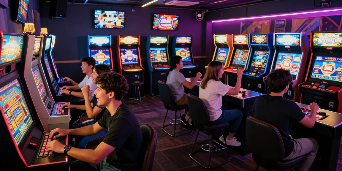 Pengunjung menikmati permainan slot di VEGAS123, suasana arcade yang ceria dan menarik
