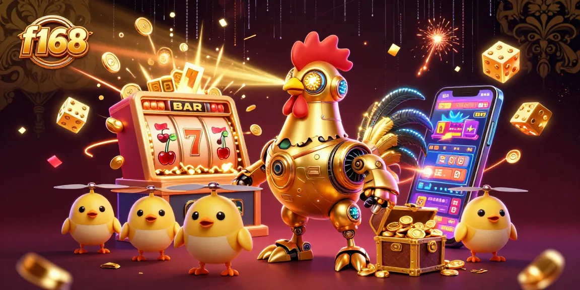 Engage with f168's vibrant gameplay featuring a golden rooster robot amidst a jackpot explosion.