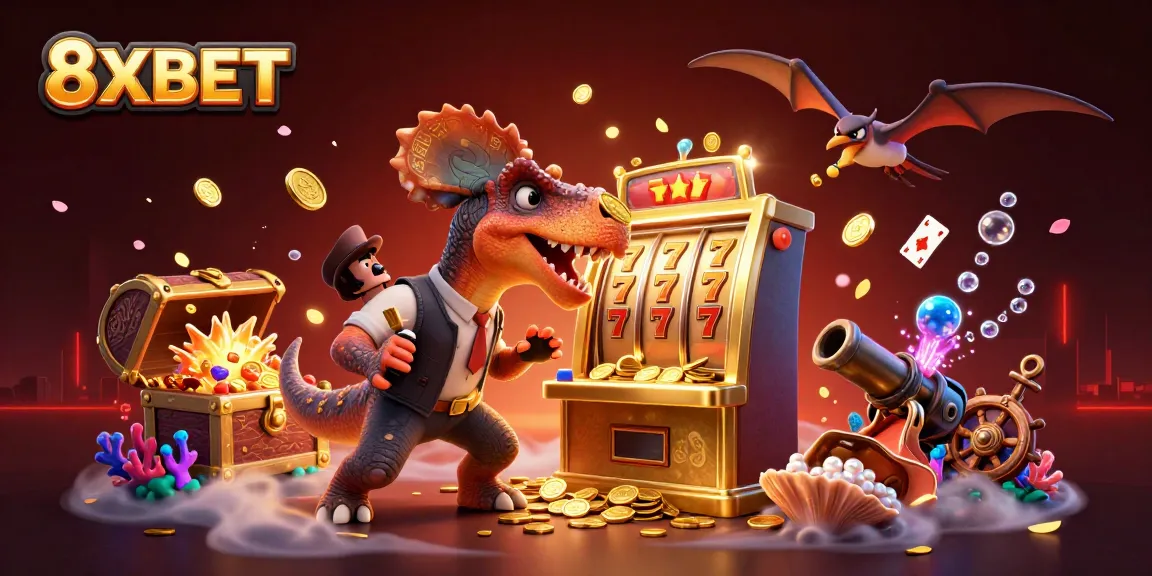 Experience the thrill of winning at 8XBET with a cartoon dinosaur and jackpot slot excitement.