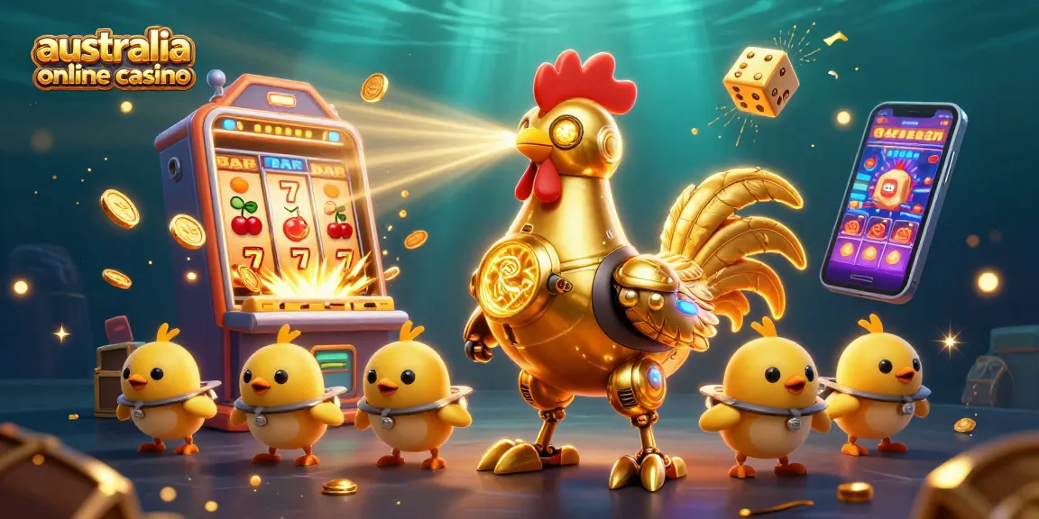 A dynamic scene showcasing the australia online casino theme with a golden rooster robot and baby chick drones among dazzling jackpot elements.