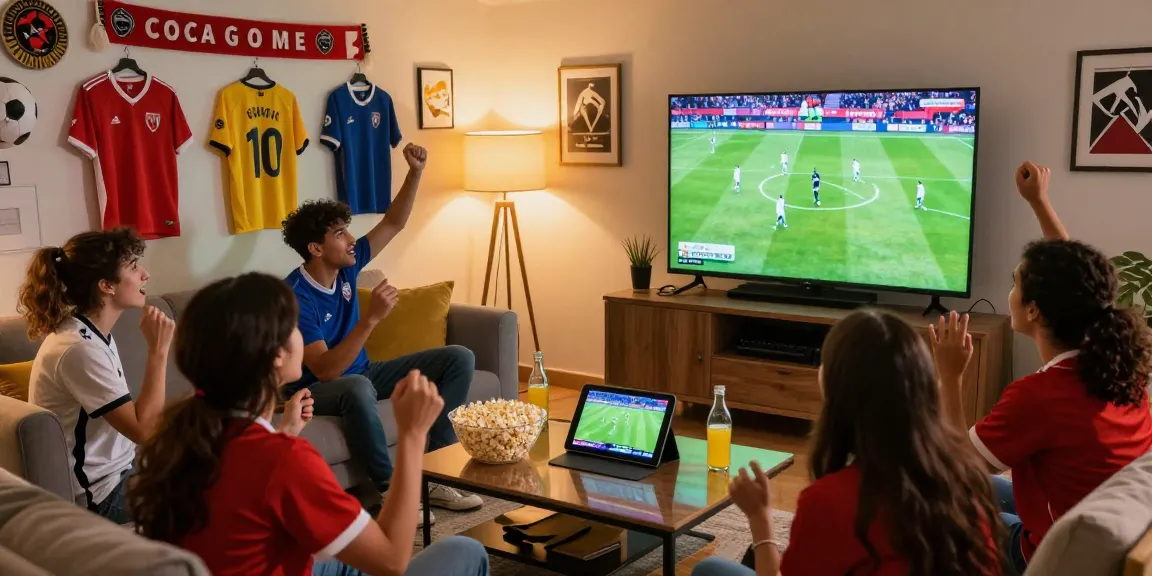 Excited friends watching مباريات اليوم in a cozy living room during a live soccer match.