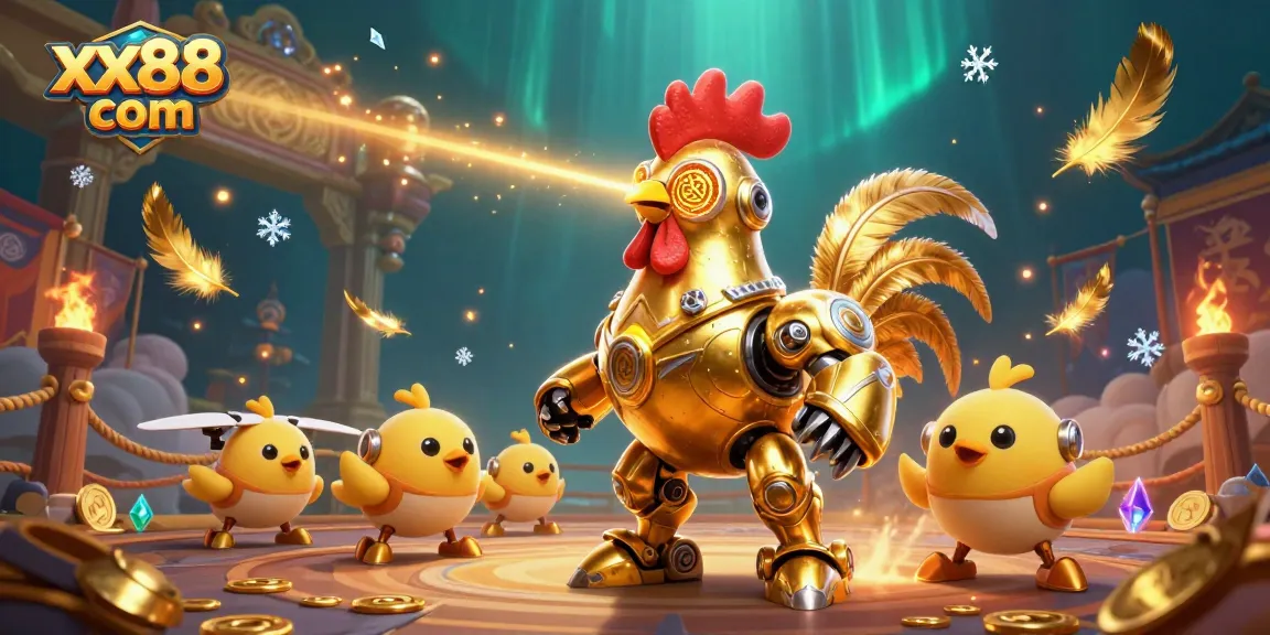Engage in immersive action at xx88 com with a golden rooster robot in a vibrant gambling scene.