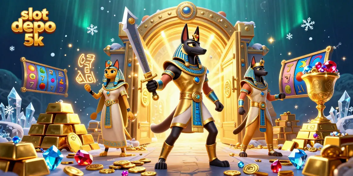 Spin on slot depo 5k with Anubis and Bastet, surrounded by riches and vibrant game elements.